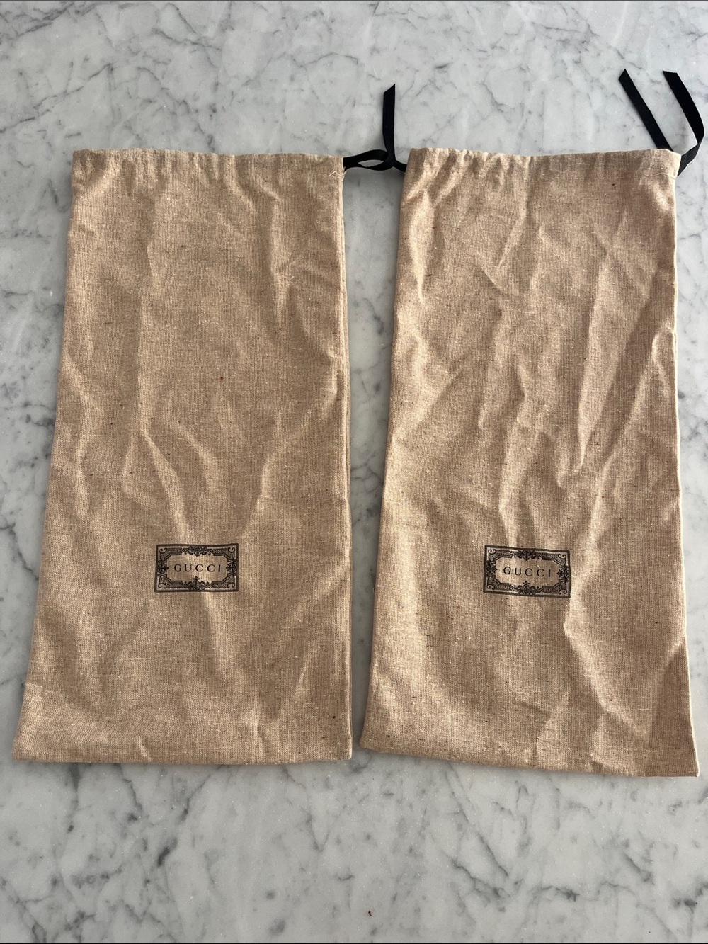 Gucci Beige Drawstring Shoe Dust Bags with Black Ties - Pair